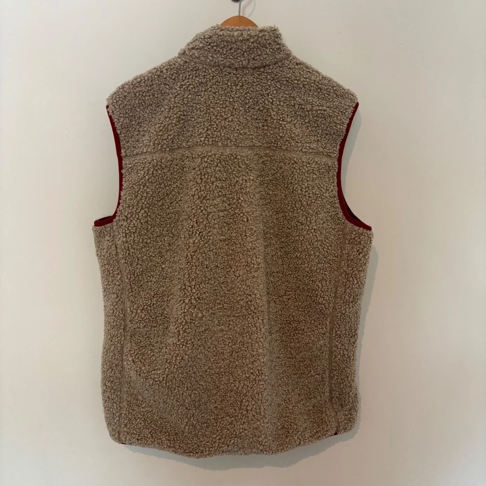 Orvis Mens Sherpa Fleece Vest Tan Beige Rust Red Full Zip Mock Neck Large